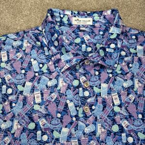 Peter Millar XL Polo Shirt Mens Blue Golf Vacation Cocktail Print Summer Comfort